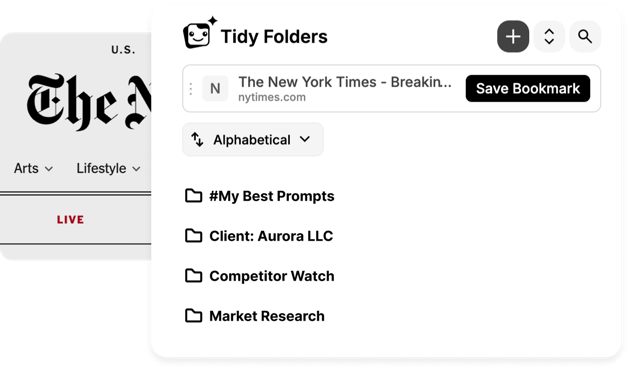 The Tidy Folders panel open on a news site, offering to save the page as a bookmark into folders like Competitor Watch or Market Research