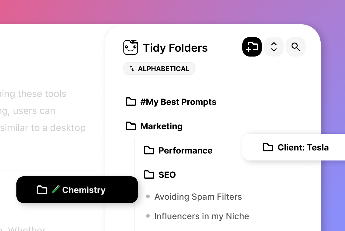 Tidy Folders panel with nested folders inside ChatGPT